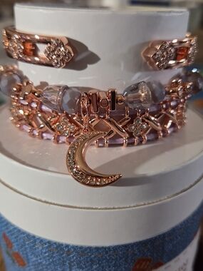 Rose Gold Crescent Moon Layered Bracelet with Lilac Beads - Women Jewelry